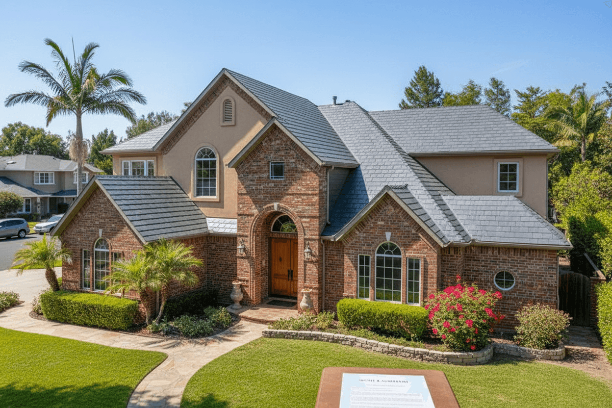 A completed roof replacement job at a house